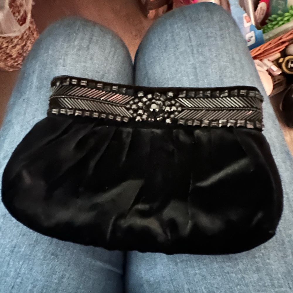 Ann Taylor Black Satin Clutch with Embellished Clasp